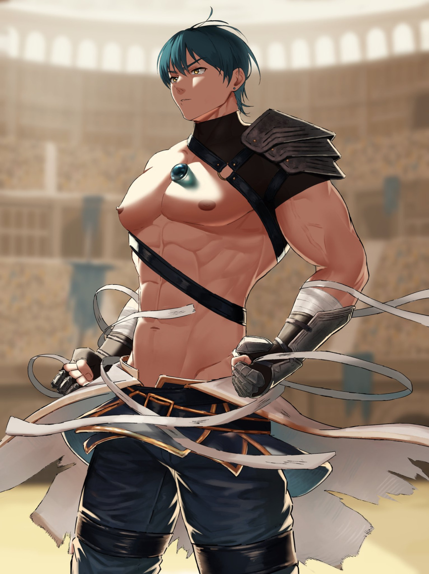 1boy abs armor bandaged_arm bandages bara bare_pectorals chest_jewel colosseum commission feet_out_of_frame from_below from_side gyaran_do69 highres large_pectorals looking_ahead male_focus muscular muscular_male navel nipples original outdoors pauldrons pectorals serious short_hair shoulder_armor single_pauldron skeb_commission solo stomach wind