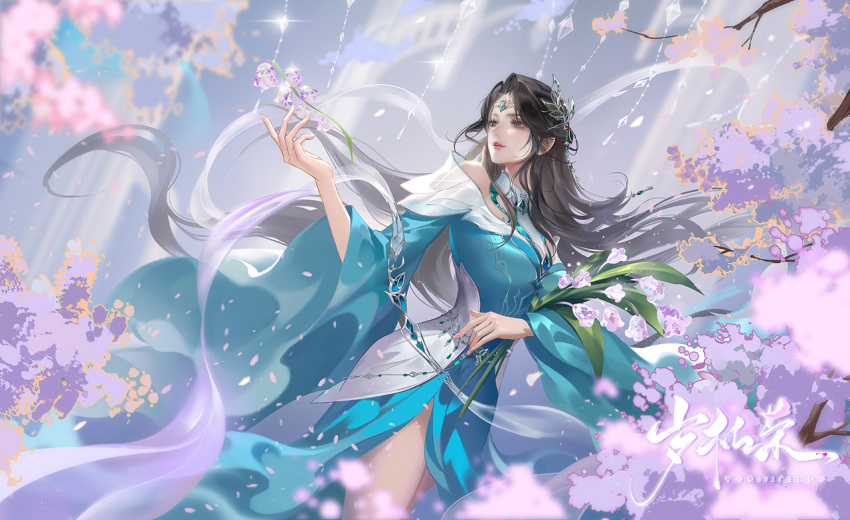 1girl bare_legs bare_shoulders blue_dress blue_eyes brown_hair crystal_flower douluo_dalu dress falling_petals floating floating_hair floating_object hair_ornament long_hair long_sleeves looking_to_the_side ning_rongrong_(douluo_dalu) parted_lips petals second-party_source solo teeth ye_dian_pika_qiu