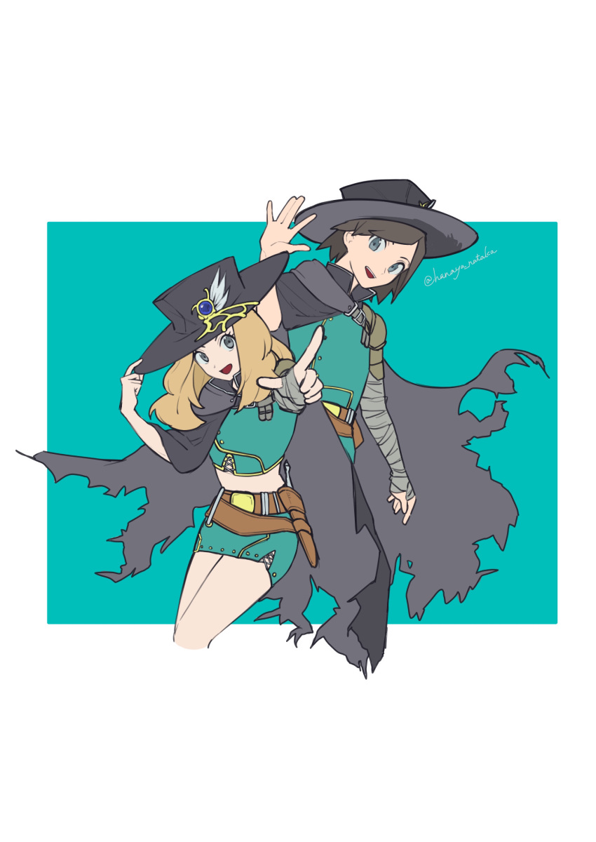 1boy 1girl :d alternate_costume arm_wrap belt belt_buckle black_headwear blonde_hair border brown_belt buckle calem_(pokemon) cape commentary_request eyelashes green_background green_skirt green_vest grey_eyes hanaya_nataka hand_on_headwear hand_up hand_wraps hat hat_ornament highres long_hair looking_at_viewer open_mouth outstretched_arm pointing pokemon pokemon_(game) pokemon_xy serena_(pokemon) sheath skirt smile torn_cape torn_clothes vest white_border