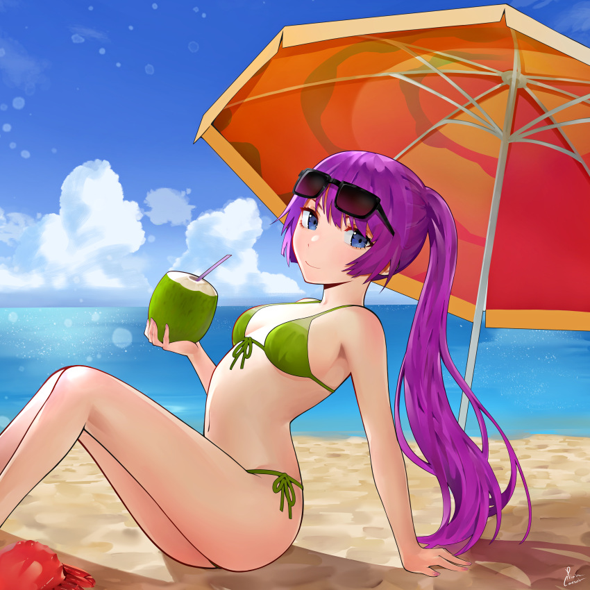 1girl absurdres alternate_costume arm_support beach beach_umbrella bikini blue_eyes blue_sky blush breasts breasts_apart closed_mouth cloud cloudy_sky coconut_cup commentary crab day drinking_straw eyelashes eyewear_on_head feet_out_of_frame front-tie_bikini_top front-tie_top green_bikini highres holding leaning_back legs long_hair medium_breasts monogatari_(series) navel on_ground outdoors piancaesar ponytail sand senjougahara_hitagi shadow shiny_skin side-tie_bikini_bottom sidelocks signature sitting sky smile solo sunglasses swimsuit symbol-only_commentary thighs umbrella