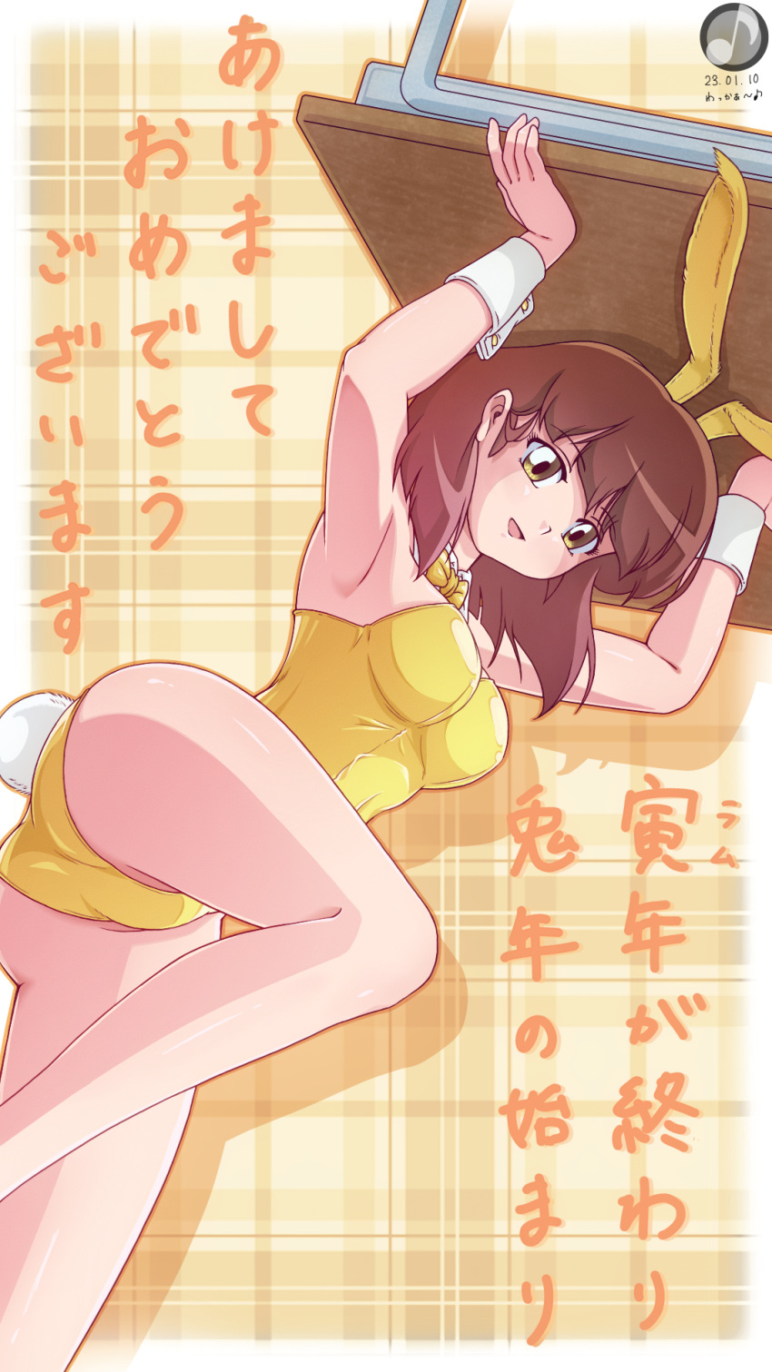 1girl breasts brown_eyes brown_hair highres looking_at_viewer medium_breasts miyake_shinobu playboy_bunny short_hair solo urusei_yatsura wakkaa