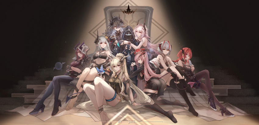 absurdly_long_hair absurdres antennae arknights barefoot bikini bird bird_on_hand black_bikini breasts casual_one-piece_swimsuit character_request demon_girl demon_horns demon_tail feet flower food grey_hair hair_flower hair_ornament highres horns ice_cream jueduihuoli long_hair mudrock_(arknights) mudrock_(silent_night)_(arknights) official_alternate_costume one-piece_swimsuit pink_hair pointy_ears ponytail purple_eyes red_hair shining_(arknights) shining_(silent_night)_(arknights) surtr_(arknights) swimsuit tail theresa_(arknights) thighs very_long_hair w_(arknights) yellow_flower