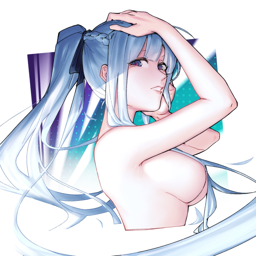 1girl ak-12_(girls'_frontline) black_ribbon blue_eyes braid breasts cropped_torso emile_aoi from_side girls'_frontline grey_hair hair_censor hair_over_breasts hair_ribbon hands_up highres large_breasts long_hair looking_at_viewer nude ponytail ribbon sidelocks solo unusually_open_eyes upper_body very_long_hair