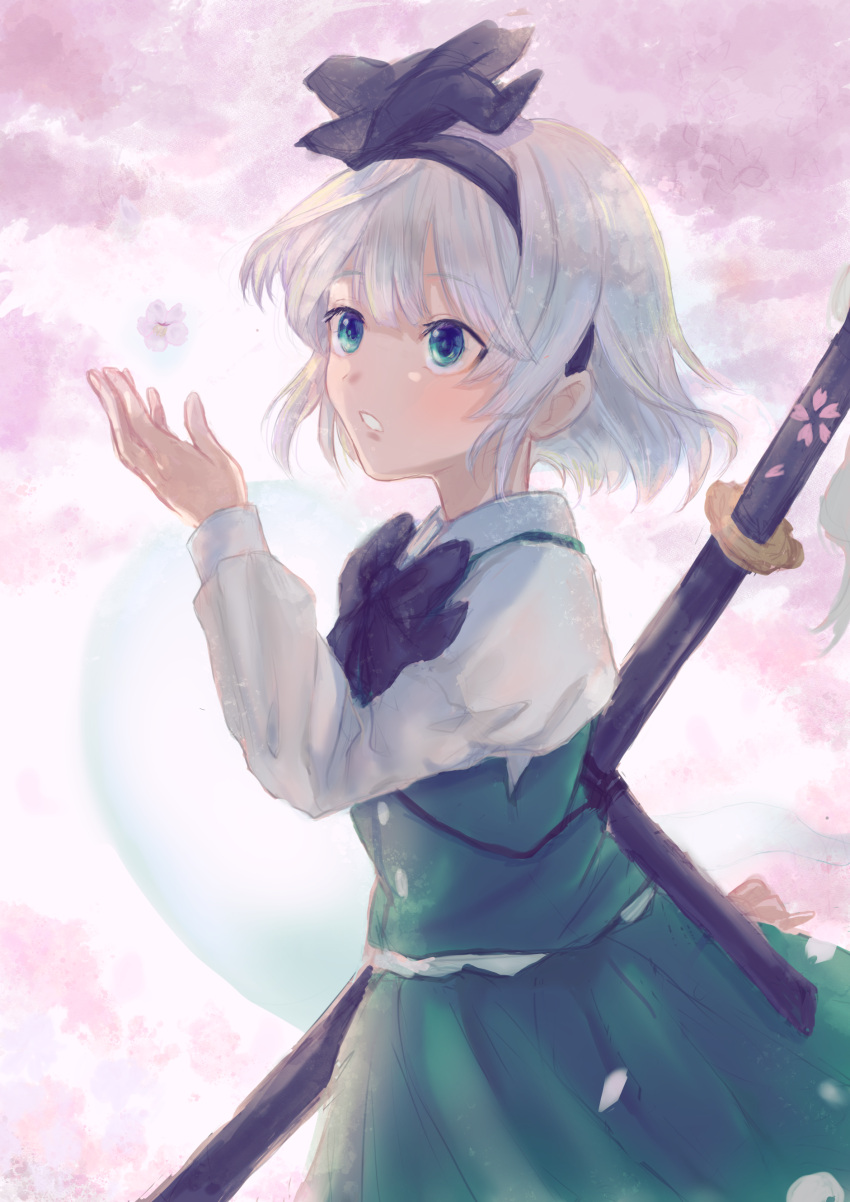 1girl absurdres black_bow black_bowtie black_hairband bow bowtie cherry_blossoms commentary_request ghost green_eyes green_skirt green_vest grey_hair hairband highres konpaku_youmu konpaku_youmu_(ghost) long_sleeves looking_at_viewer open_mouth shirt shizuki_uru short_hair skirt skirt_set solo sword sword_behind_back touhou vest weapon white_shirt youmu_day