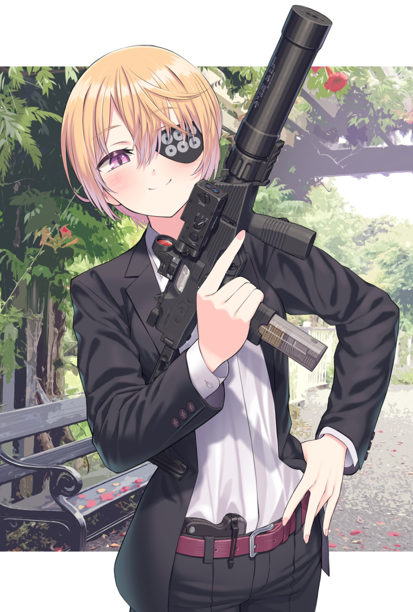 1girl b&amp;t_mp9 belt bench black_jacket black_pants blonde_hair blush border breasts concealed_weapon eyepatch flower gun hand_on_own_hip highres holding holding_weapon jacket kirika_sanada_(samaru) laser_sight long_sleeves looking_at_object medium_breasts medium_hair nail_polish open_clothes open_jacket optical_sight original outdoors pants pink_nails purple_eyes red_belt red_flower samaru_(seiga) shirt shirt_tucked_in smile solo submachine_gun suppressor taurus_curve transparent trigger_discipline upper_body weapon white_border white_shirt