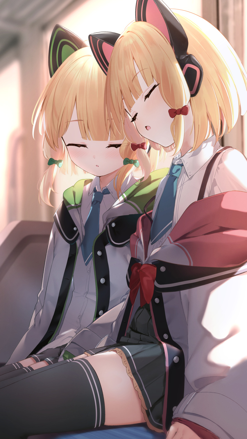 2girls animal_ear_headphones animal_ears black_skirt black_thighhighs blonde_hair blue_archive blue_necktie blunt_bangs blurry blurry_background blush bow cat_ears closed_eyes collared_shirt cowboy_shot fake_animal_ears green_bow hair_bow headphones highres indoors jacket long_sleeves low_tied_sidelocks midori_(blue_archive) momoi_(blue_archive) multiple_girls necktie nokke_o open_clothes open_jacket open_mouth parted_lips pleated_skirt red_bow school_uniform shirt short_hair short_necktie siblings sidelocks sisters sitting skirt sleeping sleeping_upright sleeves_past_wrists thighhighs twins white_jacket white_shirt zettai_ryouiki
