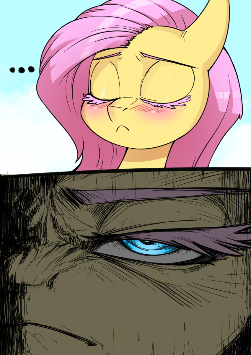absurd_res blue_eyes blush close-up equid equine eyebrows fluttershy_(mlp) friendship_is_magic fur hair hasbro hi_res mammal my_little_pony pink_eyebrows pink_eyelashes pink_hair stare two_panel_image underpable yellow_body yellow_fur
