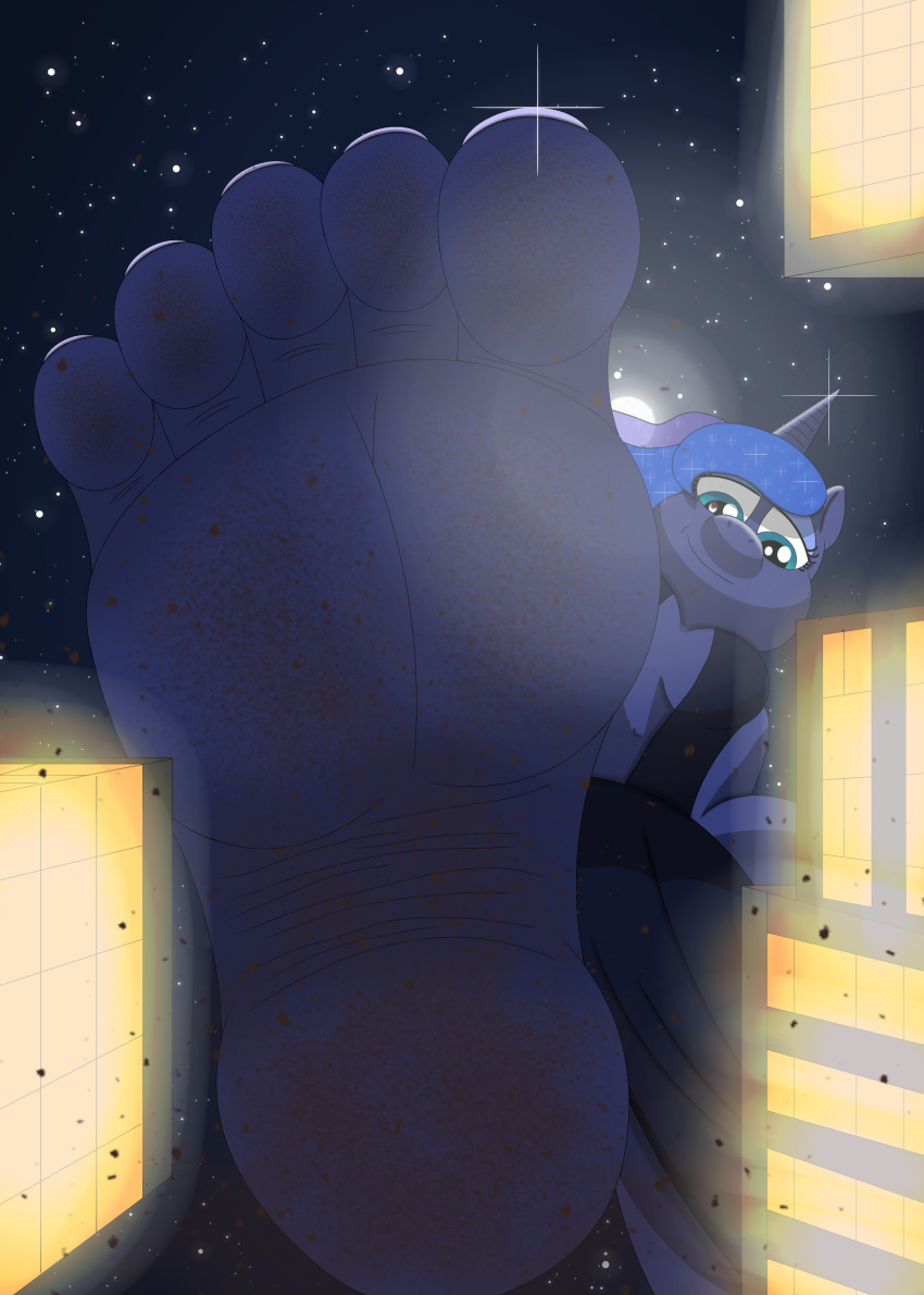 5_fingers 5_toes absurd_res alicorn_pony animal_humanoid anthro az12lol barefoot blue_body blue_hair breasts city_crushing colored_nails crushed_micros deity digital_media_(artwork) equid equid_humanoid equine equine_humanoid feet female fingers first_person_view foot_crush foot_fetish foot_focus friendship_is_magic giga gigan gigantic godzilla_(series) hair hasbro hi_res horse humanoid humanoid_feet light looking_at_viewer macro mammal mammal_humanoid micro middle_eastern_mythology moon moonlight my_little_pony mythology nails night plantigrade pony princess_luna_(mlp) size_difference smile soles solo stomping toenails toes toho underfoot