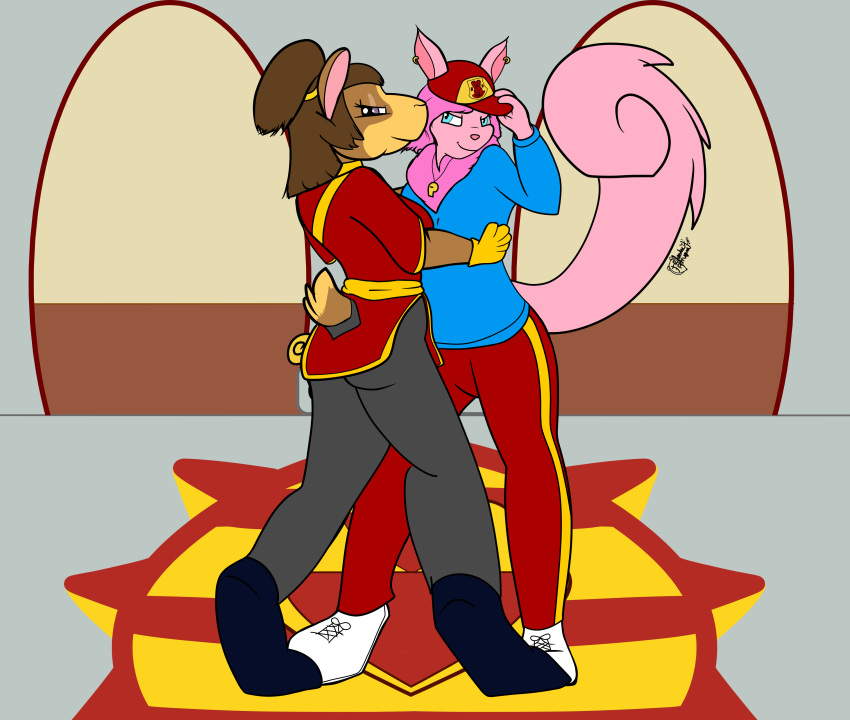 absurd_res adjusting_hat anthro baseball_cap blue_eyes brown_body brown_fur brown_hair clothed clothing duo embrace female female/female flat_colors fur furgonomics ginia_(neopets) gloves gnorbu_(neopets) hair handwear hat headgear headwear hi_res hug jumpstart_games lendri_mujina mirsha_grelinek neopet_(species) neopets pink_body pink_fur pink_hair ponytail purple_eyes sweater topwear track_pants usul_(neopets) whistle_(object)