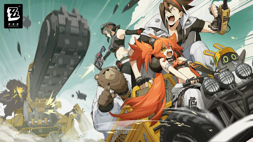 2boys 2girls anton_ivanov asymmetrical_gloves bangboo_(zenless_zone_zero) bear ben_bigger black_hair elbow_gloves eyepatch fingerless_gloves fishnet_gloves fishnets gloves grace_howard highres jacket jacket_on_shoulders jackhammer koleda_belobog multiple_boys multiple_girls official_art open_clothes open_jacket orange_hair red_eyes scar scar_across_eye sharp_teeth spiked_hair striped_hair teeth twintails vehicle_chase white_jacket zenless_zone_zero