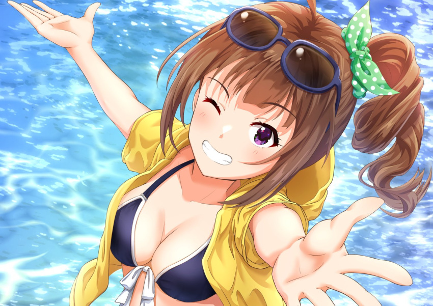 1girl ahoge bikini blue-framed_eyewear blue_bikini blush bow breasts brown_hair cleavage collarbone drill_hair eyewear_on_head from_above front-tie_bikini_top front-tie_top green_ribbon grin hair_bow hair_ribbon hands_up hood hood_down hoodie idolmaster idolmaster_million_live! idolmaster_million_live!_theater_days long_hair looking_at_viewer looking_up medium_breasts nagmilk one_eye_closed open_clothes open_hands open_hoodie outstretched_arms polka_dot polka_dot_ribbon purple_eyes ribbon short_sleeves side_drill side_ponytail smile solo sunglasses swimsuit upper_body water yellow_hoodie yokoyama_nao