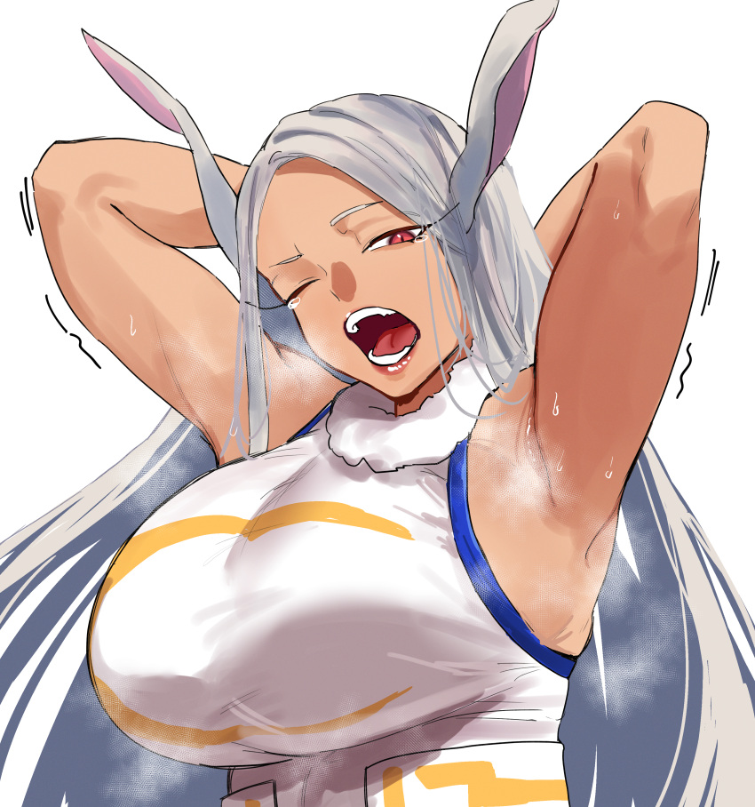 1girl absurdres animal_ears armpits arms_behind_head bare_shoulders bettkan boku_no_hero_academia breasts crescent_print dark-skinned_female dark_skin fur_collar highres large_breasts leotard long_eyelashes long_hair looking_at_viewer mirko one_eye_closed open_mouth parted_bangs rabbit_ears rabbit_girl raised_eyebrow red_eyes smell solo steaming_body sweat taut_leotard tears teeth upper_body white_background white_hair yawning