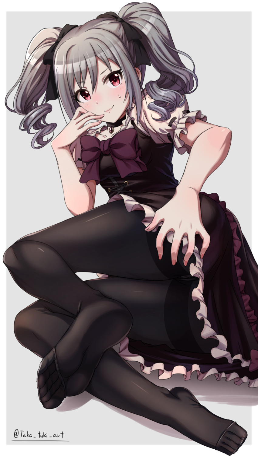 1girl absurdres black_choker black_pantyhose black_ribbon bow choker closed_mouth dress drill_hair frilled_dress frills grey_hair hair_ribbon highres idolmaster idolmaster_cinderella_girls kanzaki_ranko long_hair looking_at_viewer no_shoes pantyhose red_bow red_dress red_eyes ribbon smile soles solo takatsuki_p thighband_pantyhose toes twin_drills twintails