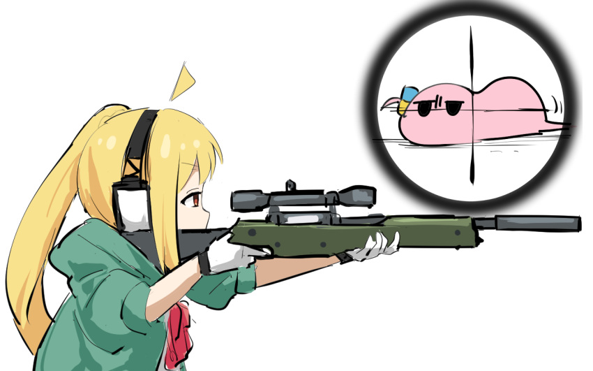 2girls ahoge blonde_hair bocchi_the_rock! bow bowtie cosplay crosshair gloom_(expression) gloves gotou_hitori gotou_hitori_(tsuchinoko) green_jacket gun headphones holding holding_gun holding_weapon ijichi_nijika iris_(material_sniper) iris_(material_sniper)_(cosplay) jacket jitome long_hair material_sniper motion_lines multiple_girls orange_eyes ponytail red_bow red_bowtie rifle scope sniper_rifle tenten_(chan4545) weapon white_background white_gloves