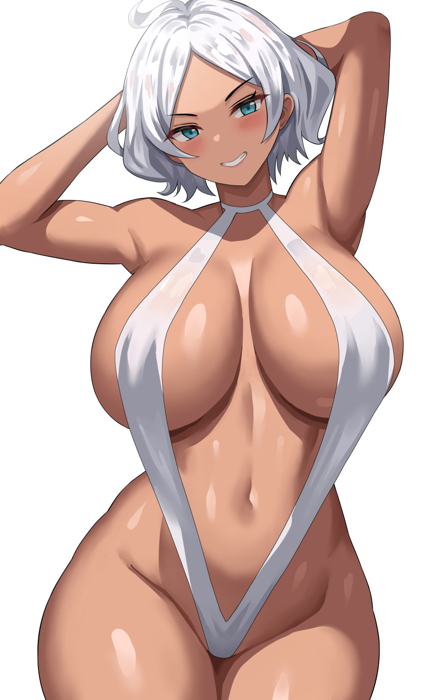 1girl absurdres ahoge alternate_costume aqua_eyes arms_behind_head arms_up bare_shoulders blush breasts breasts_apart choker collarbone commentary cowboy_shot dark-skinned_female dark_skin doyagao grey_hair grin groin gundam gundam_suisei_no_majo highleg highres jasony large_breasts linea_alba looking_at_viewer navel one-piece_swimsuit paid_reward_available parted_bangs secelia_dote short_hair sideboob simple_background slingshot_swimsuit smile smug solo standing stomach swimsuit thick_thighs thighs underboob v-shaped_eyebrows white_background white_one-piece_swimsuit wide_hips