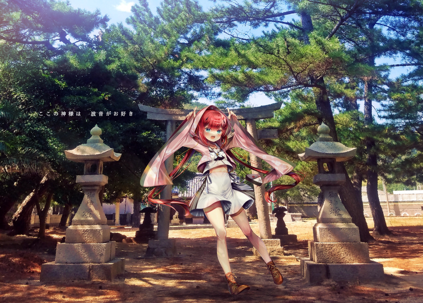 1girl :d aqua_eyes arms_up ascot black_ascot blunt_bangs blush boots braid brown_footwear center-flap_bangs cherry_blossom_print chi_no fake_horns floating_clothes floating_hair floral_print hair_ornament hairclip happy highres hood hood_up hooded_kimono horns horns_pose kamiyama_shiki legs long_hair long_sleeves looking_at_viewer miniskirt open_mouth photo_background ponytail red_hair school_uniform shirt skirt smile solo standing summer_pockets translation_request twin_braids very_long_hair white_shirt white_skirt wide_shot wide_sleeves