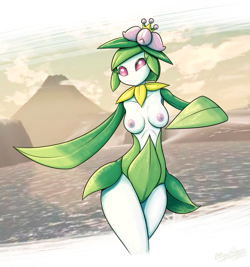 2023 areola artist_logo artist_name breasts cloud dated elemental_creature elemental_humanoid eyelashes featureless_hands female flora_fauna flower_(anatomy) generation_8_pokemon green_body hi_res hisuian_form hisuian_lilligant humanoid latiar leaf_(anatomy) leaf_clothing logo mountain nintendo nipples non-mammal_breasts non-mammal_nipples pink_areola pink_eyes pink_nipples plant plant_humanoid pokemon pokemon_(species) pseudo_clothing regional_form_(pokemon) small_breasts solo water white_body white_skin