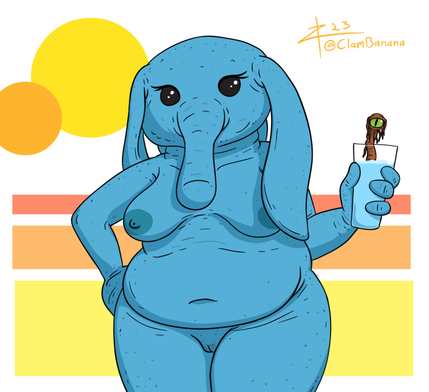 4_fingers alien beverage big_breasts black_eyes blue_body blue_milk blue_nipples blue_pussy blue_skin breasts female fingers floppy_ears genitals geometric_background hand_on_hip holding_beverage holding_object humanoid innie_pussy looking_at_viewer navel nipples nude ortolan overweight proboscis_(anatomy) pussy signature simple_background solo star_wars thick_thighs trunk_(anatomy) zigmenthotep