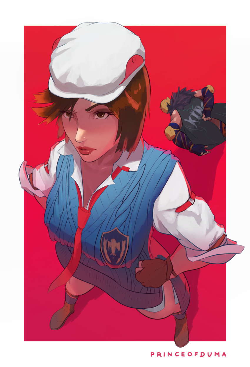 absurdres breasts brown_hair collared_shirt dutch_angle fingerless_gloves gloves hand_on_own_hip hat highres kazama_asuka king_(tekken) large_breasts lips lipstick makeup necktie princeofduma raised_eyebrow shirt short_hair sleeves_rolled_up sweater_vest tekken white_shirt