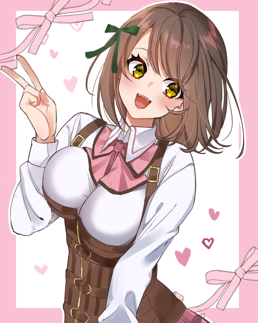 1girl :d absurdres assault_lily belt belt_buckle border bow bowtie breasts brown_belt brown_hair buckle collared_shirt commentary_request corset green_ribbon hair_ribbon hand_up head_tilt heart heart_background highres kikikaikai_(kikikaikai_chan) large_breasts long_sleeves looking_at_viewer ludvico_private_girls'_academy_school_uniform medium_hair multiple_belts open_mouth outside_border pink_border pink_bow pink_bowtie pink_ribbon pink_skirt ribbon saeki_julia_karen school_uniform shirt skirt smile solo standing suspenders teeth underbust upper_body upper_teeth_only v white_background white_shirt yellow_eyes