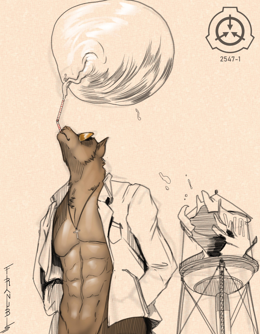 2021 abs absurd_res anthro anthrofied artist_name aviator_glasses bendy_straw biped black_text bottomless bottomless_anthro bottomless_male brown_body brown_fur canid canine canis character_name clothed clothing coyote cross cross_necklace digital_drawing_(artwork) digital_media_(artwork) drinking drinking_straw drinking_water elemental_manipulation english_text eyewear franubis fur hands_in_both_pockets hi_res jewelry logo low-angle_view male mammal muscular muscular_anthro muscular_male necklace null orange_eyewear orange_sunglasses partially_clothed partially_clothed_anthro partially_clothed_male partially_colored pecs scp-2547-1 scp_foundation signature simple_background solo standing straw sunglasses text water_manipulation water_tower