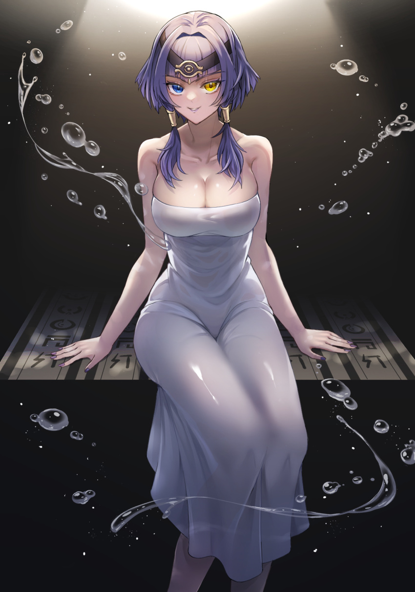 1girl bare_arms bare_shoulders blue_eyes blue_hair blue_nails breasts candace_(genshin_impact) cleavage collarbone dark-skinned_female dark_skin dazhong_(g.marika) dress eye_of_horus genshin_impact hair_ornament hair_tubes hairband hand_rest heterochromia highres large_breasts looking_at_viewer nail_polish parted_lips see-through_silhouette short_hair_with_long_locks sitting smile solo strapless strapless_dress thighs water white_dress yellow_eyes