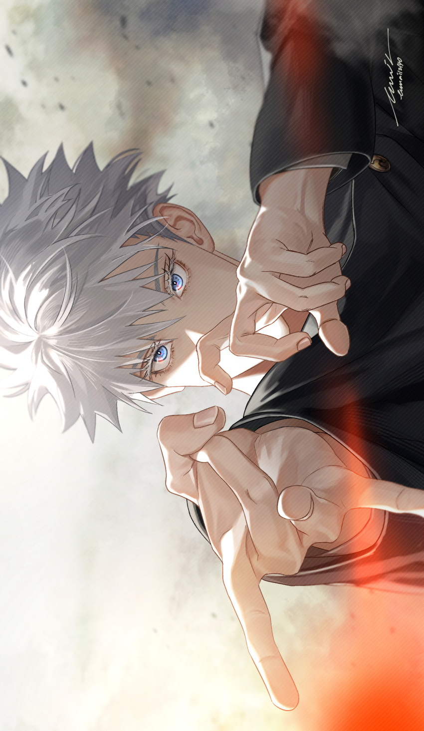 1boy absurdres black_jacket blue_eyes email2140 flick gojou_satoru grey_background hands_up highres jacket jujutsu_kaisen jujutsu_tech_uniform long_sleeves looking_at_viewer male_focus school_uniform short_hair sideways solo upper_body white_hair