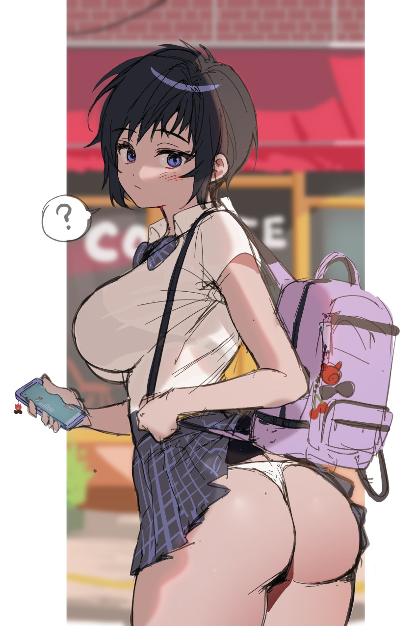 1girl ? absurdres ass backpack bag blue_eyes blush bow bowtie breasts closed_mouth highres holding holding_phone large_breasts looking_at_viewer original panties phone pleated_skirt short_hair skirt spoken_question_mark timy underwear white_panties