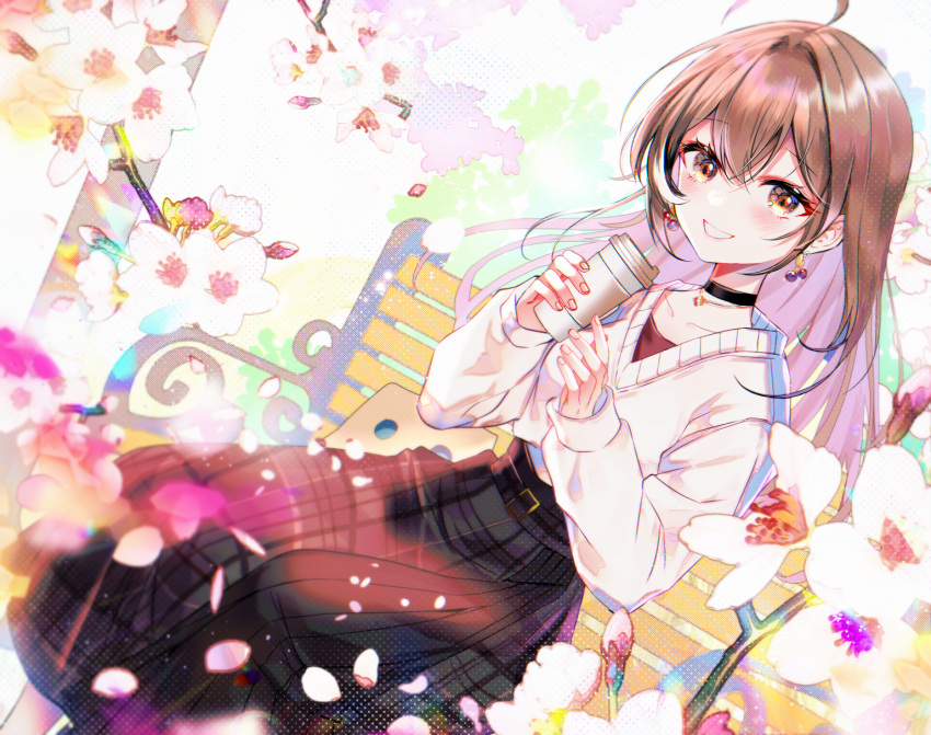 1girl ahoge belt bench berry black_choker brown_eyes brown_hair brown_skirt cherry_blossoms choker coffee_cup cup disposable_cup earrings falling_petals fingernails flower food-themed_earrings friend_(nanashi_mumei) grin high-waist_skirt highres holding holding_cup hololive hololive_english jewelry long_hair long_skirt looking_at_viewer multicolored_hair nanashi_mumei nanashi_mumei_(2nd_outfit) necklace official_alternate_costume on_bench park_bench petals plaid plaid_skirt red_shirt runes shirt sitting sitting_on_bench skirt smile sowon streaked_hair sweater virtual_youtuber white_sweater