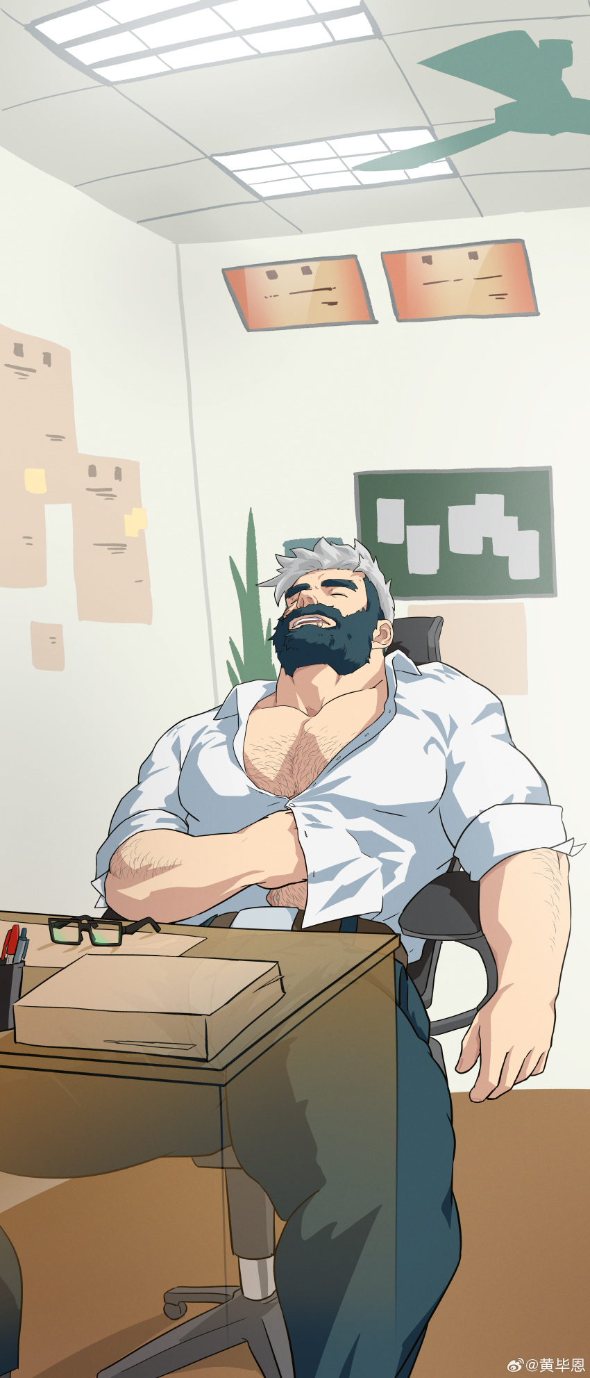 1boy absurdres arm_hair bara beard chest_hair collared_shirt desk facial_hair feet_out_of_frame hairy highres incredibly_absurdres large_pectorals male_focus mature_male muscular muscular_male navel_hair o2h_(oblivionh) original partially_unbuttoned pectoral_cleavage pectorals salaryman scratching_stomach shirt sideburns sleepy solo spread_legs thick_eyebrows thick_mustache thick_thighs thighs