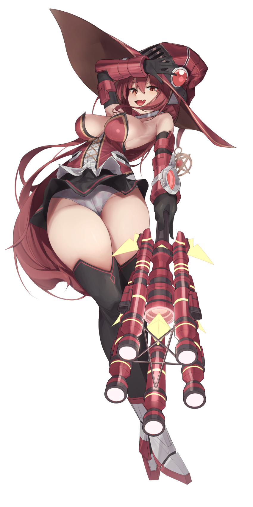 1girl absurdres bare_shoulders boots breasts cosmic_break elbow_gloves gloves hat highres large_breasts long_hair looking_at_viewer mung_(larnec) open_mouth panties red_eyes red_hair sideboob solo thighhighs underwear very_long_hair witch_hat