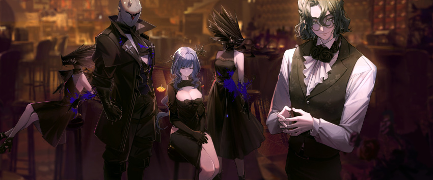 2boys 3girls absurdres arcana_(reverse:1999) ascot bar_(place) bare_legs black_dress black_flower black_gloves black_hair black_jacket black_pants black_rose black_vest blue_hair blunt_bangs blurry blurry_background breasts chair cleavage cleavage_cutout closed_eyes clothing_cutout collared_shirt curly_hair dark_background dress elbow_gloves evil_smile feet_out_of_frame flower forget_me_not_(reverse:1999) glasses gloves hair_between_eyes hands_on_own_thighs highres hip_vent indoors interlocked_fingers jacket large_breasts long_hair long_sleeves medium_hair monster_boy monster_girl multiple_boys multiple_girls neck_flower object_through_head official_art on_chair pants reverse:1999 rose round_eyewear shirt side_slit sitting sleeveless sleeveless_dress smile standing vest white_ascot white_shirt