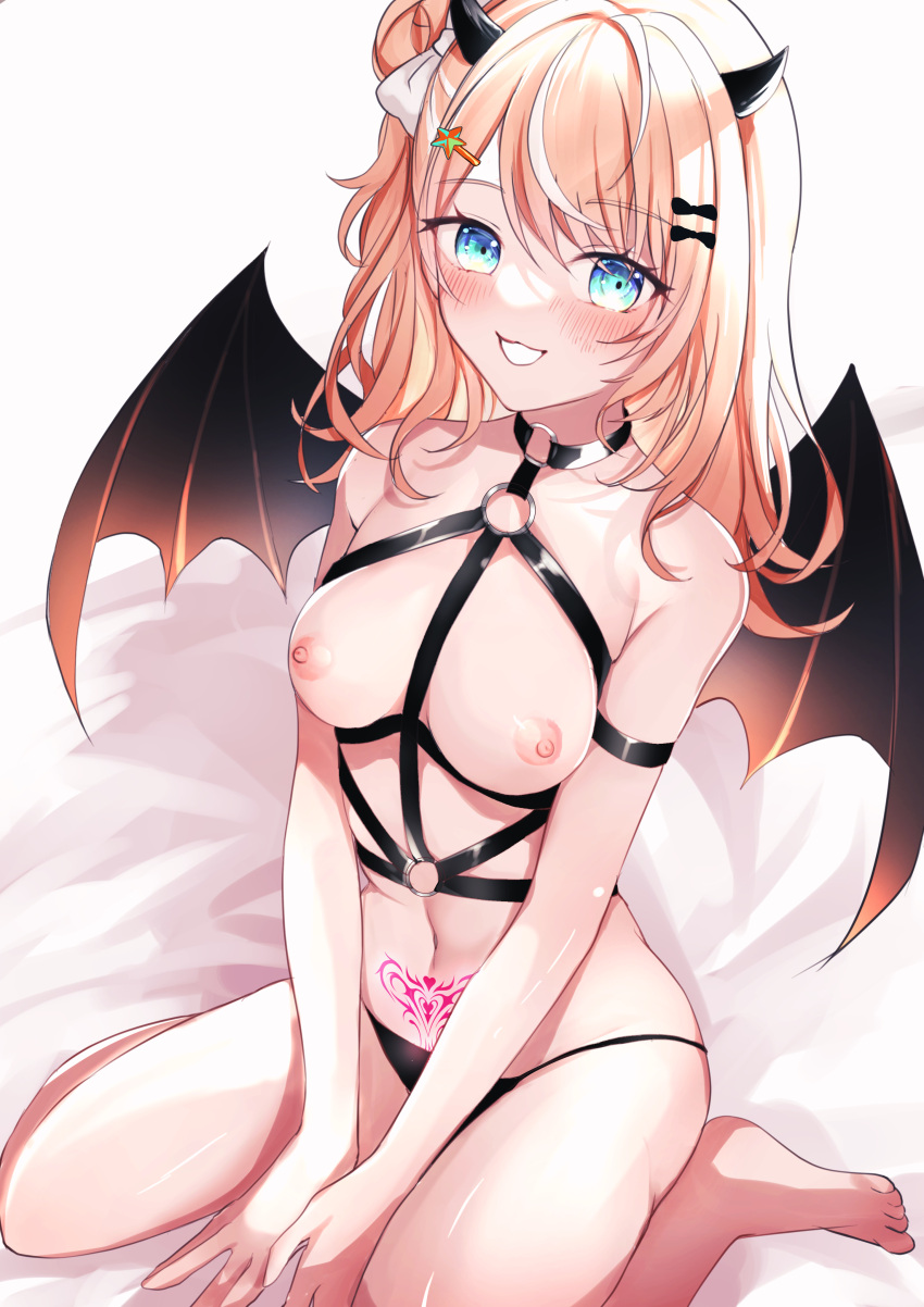 1girl 9juu_haruma absurdres barefoot black_choker black_panties blue_eyes blush bondage_outfit bow breasts choker demon_girl demon_horns demon_tail hair_bow hair_bun highres horns igarashi_rika long_hair looking_at_viewer medium_breasts multicolored_hair navel nijisanji nipples o-ring o-ring_choker orange_hair panties pink_hair pubic_tattoo sitting smile solo streaked_hair string_panties tail tattoo underwear virtual_youtuber wariza white_hair