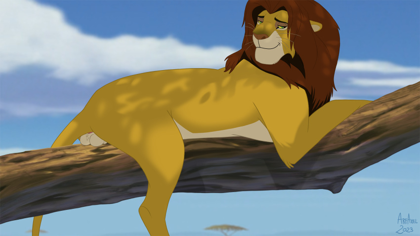 anus arf-fra balls bedroom_eyes branch disney fan_character felid feline feral genitals hi_res lion looking_at_viewer lying male mammal narrowed_eyes pantherine seductive solo tail the_lion_king zilvus