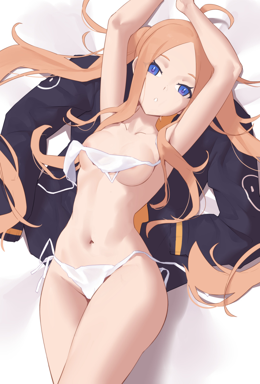 1girl abigail_williams_(fate) ahoge areola_slip armpits arms_up bare_shoulders bikini black_jacket blonde_hair blue_eyes blush breasts collarbone fate/grand_order fate_(series) forehead highres jacket jacket_removed jilu long_hair looking_at_viewer lying navel on_back parted_bangs sidelocks small_breasts solo swimsuit thighs twintails untied untied_bikini white_bikini