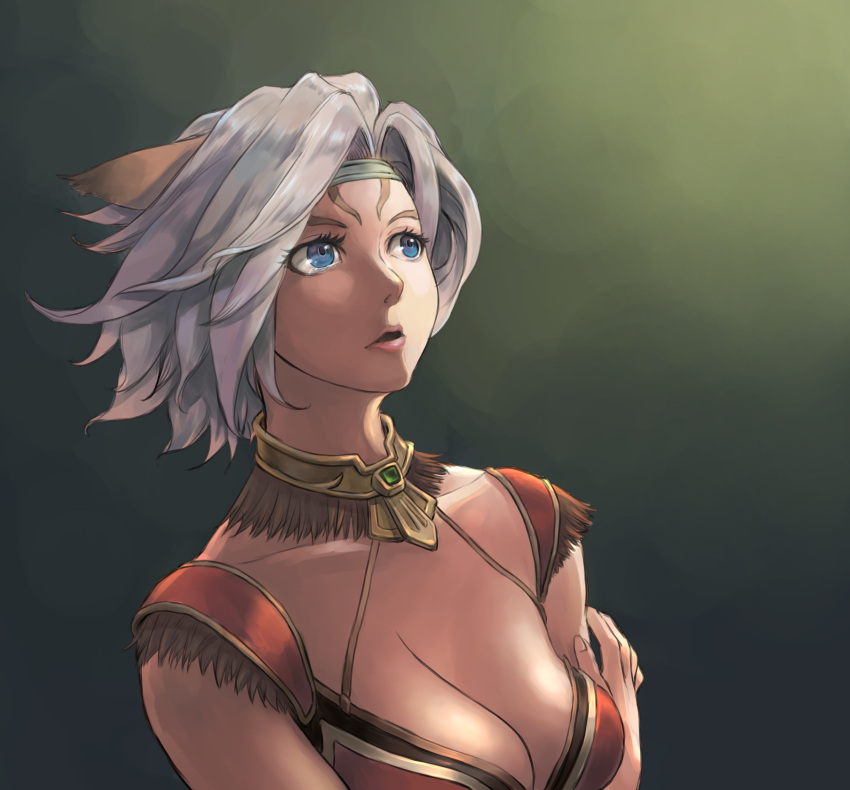 1girl absurdres animal_ears avatar_(ff11) blue_eyes blue_headband breasts cactus41747280 cat_ears cat_girl cleavage collarbone eyelashes final_fantasy final_fantasy_xi grey_hair hair_intakes headband highres medium_breasts mithra_(ff11) no_eyebrows open_mouth pink_lips short_hair solo tears upper_body