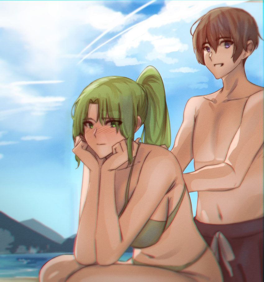 1boy 1girl absurdres beach bikini blue_sky blush breasts brown_eyes brown_hair cloud code_nt day embarrassed english_commentary green_bikini green_hair hair_over_one_eye halterneck hands_on_another's_back head_rest hetero high_ponytail highres higurashi_no_naku_koro_ni large_breasts long_hair looking_at_viewer maebara_keiichi male_swimwear navel nose_blush ocean open_mouth outdoors ponytail short_hair sitting sky smile sonozaki_mion swim_trunks swimsuit topless_male water