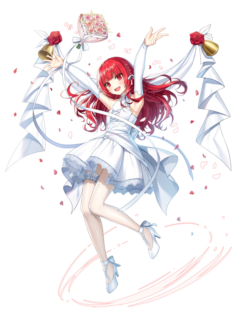 1girl :d ankle_bow armpits arms_up back_bow banner bare_shoulders bell blunt_bangs blush bouquet bouquet_toss bow braid bridal_garter bridal_gauntlets closers dress falling_petals flat_chest floating_hair flower full_body hair_ribbon hands_up high_heels highres jumping lace-trimmed_dress lace_trim leg_up long_hair looking_at_viewer official_art pantyhose petals pink_flower pink_rose red_eyes red_flower red_hair red_rose ribbon rose seth_(closers) sharp_teeth short_dress single_braid sleeveless sleeveless_dress smile solo tachi-e teeth upper_teeth_only wedding_dress white_background white_bow white_bridal_garter white_bridal_gauntlets white_dress white_footwear white_pantyhose white_ribbon