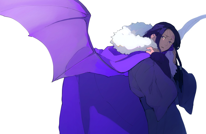 1boy bat_wings black_hair cape cowboy_shot dragon_wings facial_mark forehead_mark from_side fur-trimmed_cape fur_trim furrowed_brow hair_strand hair_tubes hands_up highres japanese_clothes kimono layered_sleeves long_sleeves looking_away looking_back male_focus nanahyaku_torako original purple_cape purple_eyes purple_hair purple_kimono purple_wings sash sideways_glance simple_background solo spread_wings transparent_wings white_background wide_sleeves wings worried