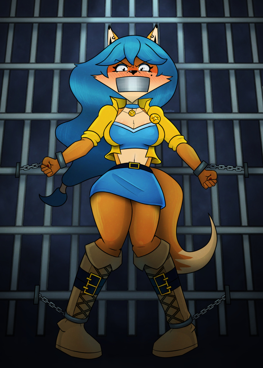 anthro beauty_mark blush boots canid canine carmelita_fox clothed clothing collar cuff_(restraint) female footwear fox gag handcuffed handcuffs hi_res jacket looking_at_viewer mammal metal_cuffs midriff open_clothing open_jacket open_topwear police_badge prison_cell restraints sly_cooper_(series) solo sony_corporation sony_interactive_entertainment sucker_punch_productions tape tape_gag topwear zeecibee