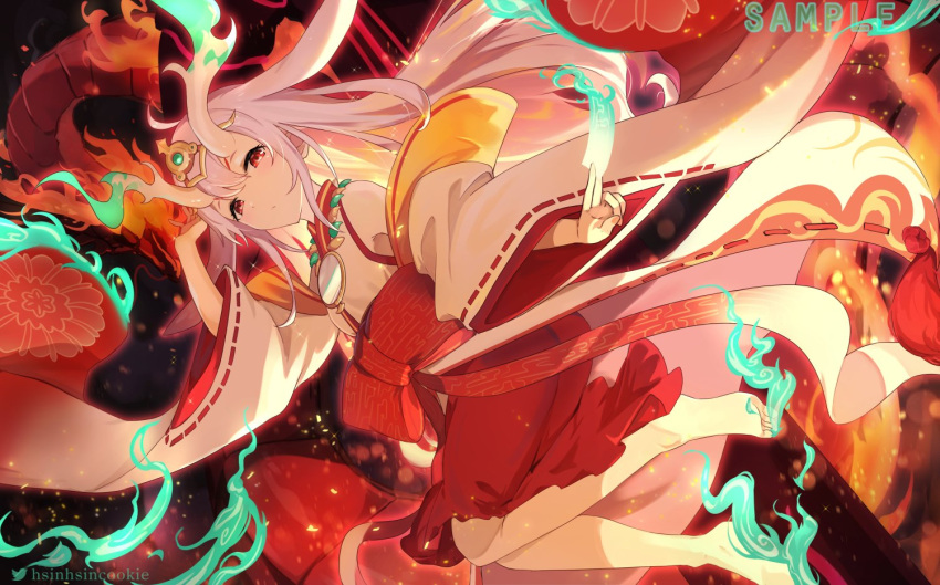 1girl aqua_fire barefoot detached_sleeves dragon duel_monster eastern_dragon fiery_horns fire green_fire horns hsin japanese_clothes kimono kurikara_divincarnate long_hair mirror red_eyes sleeveless sleeveless_kimono solo talisman white_hair yu-gi-oh!