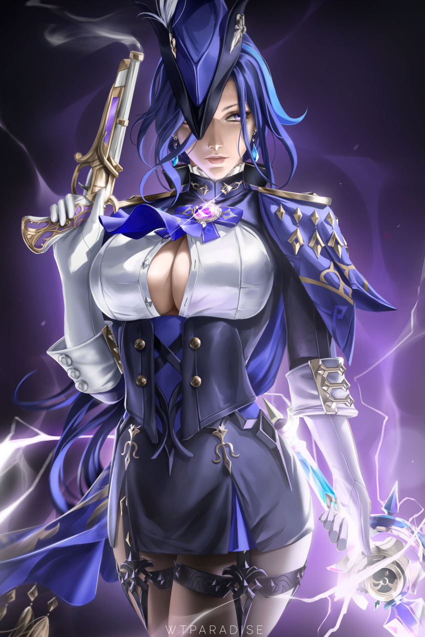 1girl absurdres antique_firearm artist_name ascot black_corset black_pantyhose black_skirt blue_ascot blue_cape blue_hair blue_headwear breasts cape cleavage clorinde_(genshin_impact) corset dark_blue_hair drop_earrings earrings elbow_gloves electricity epaulettes fold-over_gloves framed_breasts genshin_impact gloves gun hat hat_feather high-waist_skirt highres holding holding_gun holding_sword holding_weapon jewelry large_breasts lips long_hair looking_to_the_side low_ponytail pantyhose partially_unbuttoned pencil_skirt purple_eyes shirt skirt solo sword taut_clothes taut_shirt thigh_strap tricorne very_long_hair vision_(genshin_impact) weapon white_gloves white_shirt wtparadise