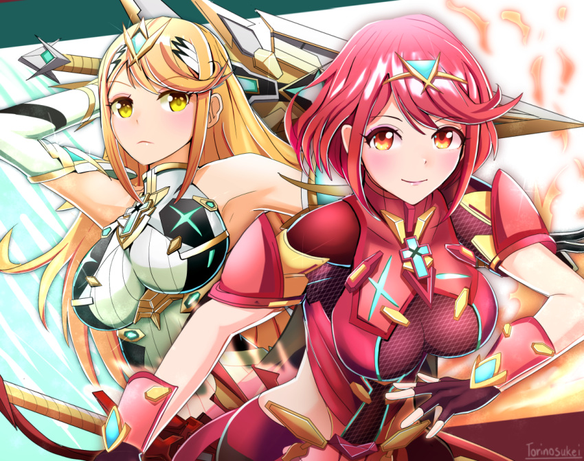 2girls aegis_sword_(xenoblade) backless_outfit bare_shoulders blonde_hair bob_cut breasts chest_jewel elbow_gloves fingerless_gloves gloves large_breasts legwear_under_shorts long_hair micro_shorts microskirt miniskirt multiple_girls mythra_(massive_melee)_(xenoblade) mythra_(xenoblade) pantyhose pantyhose_under_shorts pyra_(xenoblade) red_eyes red_hair red_shorts short_hair short_shorts short_sleeves shorts skirt sleeveless super_smash_bros. swept_bangs tiara torinosukei upper_body very_long_hair white_skirt xenoblade_chronicles_(series) xenoblade_chronicles_2 yellow_eyes