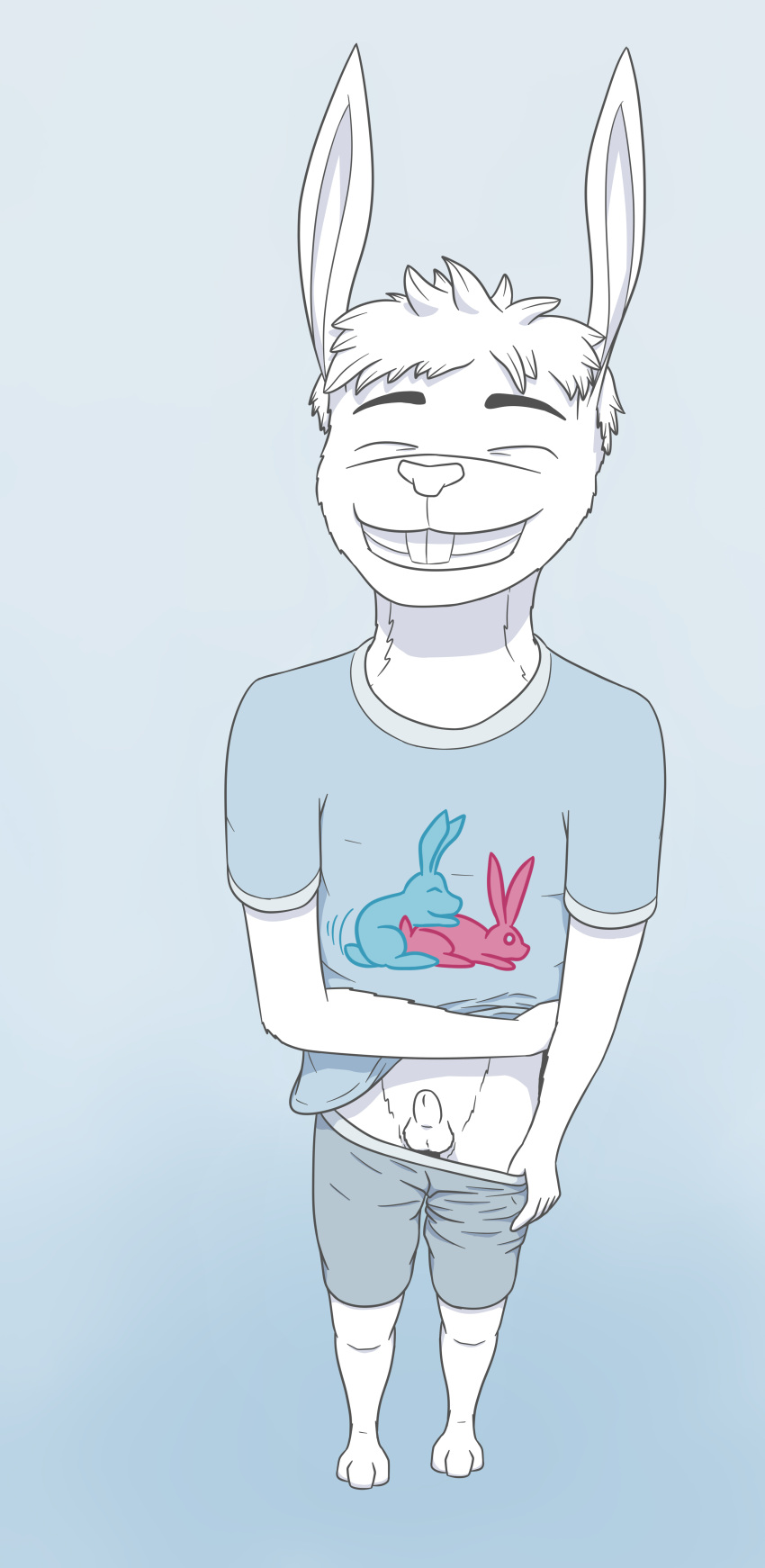 absurd_res anthro clothed clothing confusedraven genitals hi_res lagomorph leporid male mammal penis presenting presenting_penis rabbit smile solo young