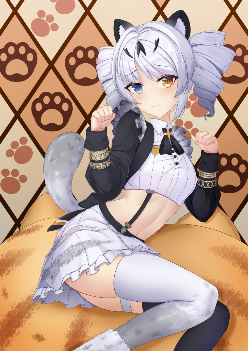 1girl absurdres animal_ears animal_hands asymmetrical_legwear black_sleeves black_thighhighs blue_eyes cat_paws closed_mouth drill_hair grey_hair grey_skirt grey_thighhighs heterochromia highres karenina:_ember_(deed_of_snow_leopard)_(punishing:_gray_raven) karenina:_ember_(punishing:_gray_raven) karenina_(punishing:_gray_raven) leopard_ears leopard_tail long_hair long_sleeves maid midriff mismatched_legwear navel ningmengege orange_eyes paw_pose punishing:_gray_raven shirt sidelocks skirt solo suspender_skirt suspenders tail thigh_strap thighhighs twin_drills white_shirt