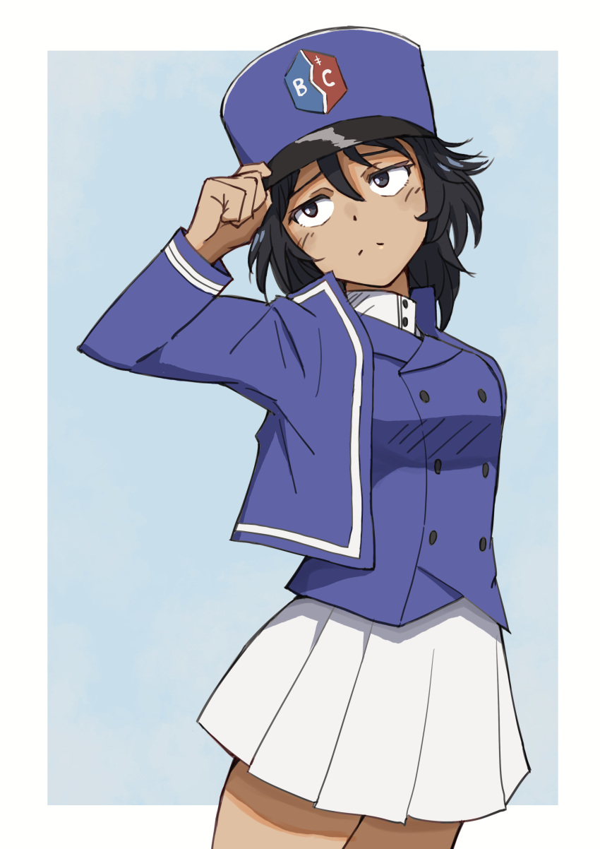 1girl absurdres adjusting_clothes adjusting_headwear andou_(girls_und_panzer) bc_freedom_(emblem) bc_freedom_military_uniform black_eyes black_hair blue_background blue_headwear blue_jacket blue_vest blush closed_mouth commentary cowboy_shot dark-skinned_female dark_skin dress_shirt emblem frown girls_und_panzer haldeco hat head_tilt high_collar highres jacket kepi long_sleeves medium_hair messy_hair military_hat military_uniform miniskirt pleated_skirt shirt skirt solo standing uniform vest white_shirt