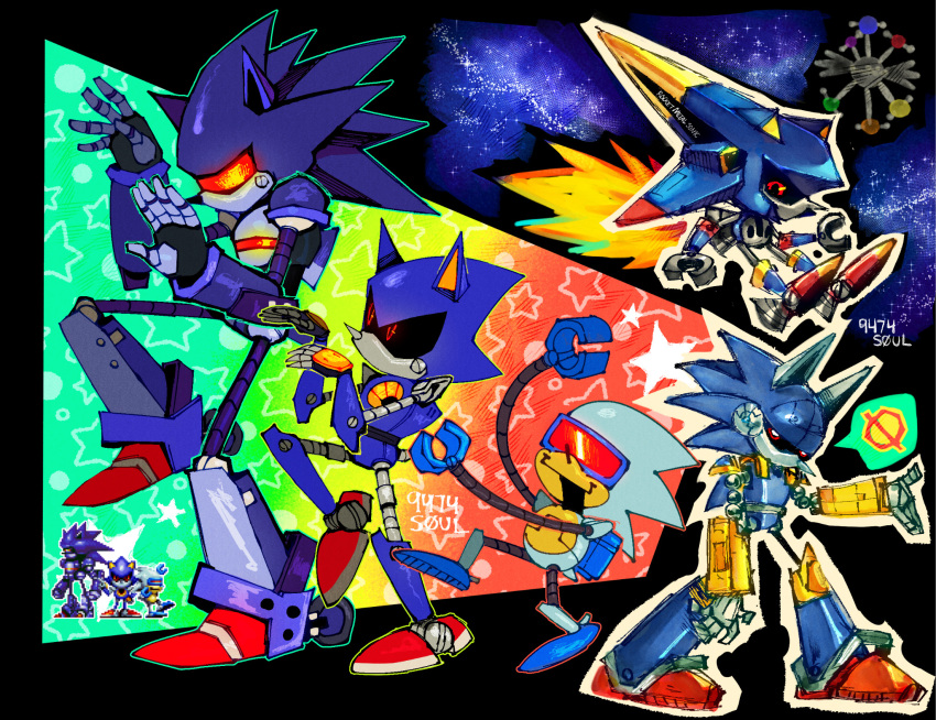 5boys 9474s0ul animal_ears arm_up character_request commentary english_commentary full_body hands_up highres leg_up male_focus mecha_sonic metal_sonic multiple_boys multiple_persona open_mouth red_eyes reference_inset robot sonic_(series) sonic_the_hedgehog_(classic) spoken_no_symbol standing standing_on_one_leg star_(symbol) yotsubato!_pose