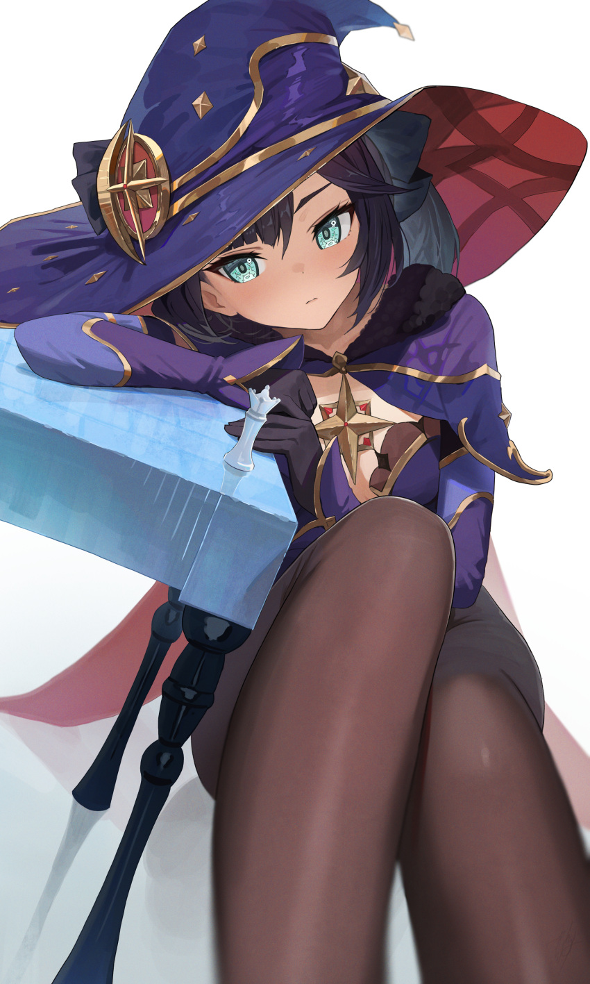 1girl absurdres aqua_eyes arm_rest black_gloves black_hair black_pantyhose breasts brooch chess_piece cleavage detached_sleeves fur_collar genshin_impact gloves gold_trim hat hat_ornament hidulume highres jewelry king_(chess) knees_up leaning_on_object leotard looking_to_the_side mona_(genshin_impact) pantyhose purple_headwear purple_leotard sitting solo star_brooch table twintails white_background witch_hat