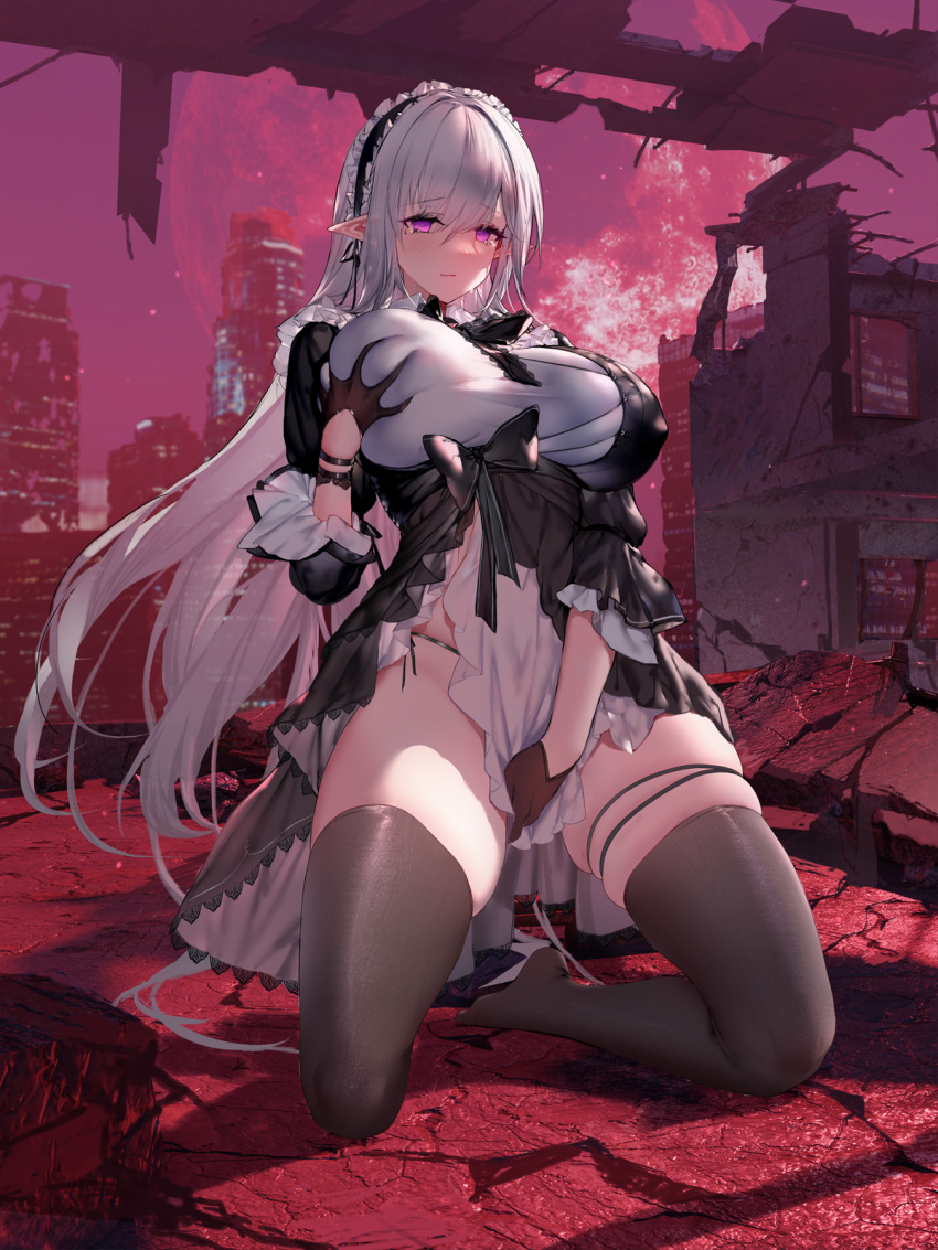 1girl black_bow black_dress black_gloves black_hairband black_thighhighs bow breasts building city closed_mouth closers commentary_request covering covering_crotch deep_skin dress frilled_hairband frills gloves grabbing_own_breast hair_between_eyes hairband half_gloves highres kneeling large_breasts levia_(closers) long_hair looking_at_viewer moon no_pupils no_shoes outdoors pointy_ears post-apocalypse purple_eyes red_moon ruins shirt skindentation sleeves_past_elbows solo swd3e2 tearing_up thigh_strap thighhighs very_long_hair white_hair white_shirt