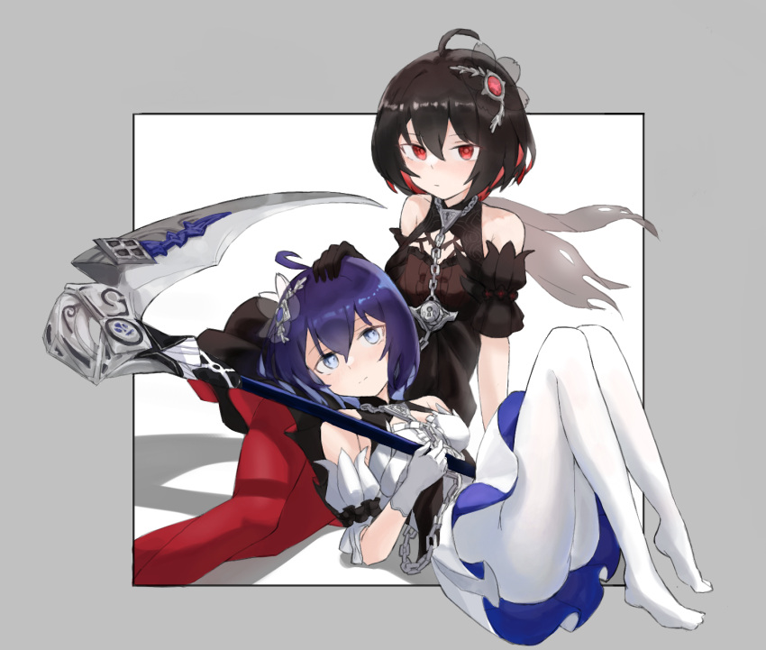 2girls ahoge ass bare_shoulders black_dress black_gloves black_hair black_pantyhose black_sleeves blue_eyes blue_hair chain closed_mouth commentary_request detached_sleeves dress gloves grey_background hair_between_eyes hand_on_another's_head highres holding holding_scythe honkai_(series) honkai_impact_3rd jambujok korean_commentary multiple_girls no_shoes pantyhose puffy_short_sleeves puffy_sleeves red_eyes red_hair scythe seele_(alter_ego) seele_vollerei shadow short_sleeves smile two-tone_background white_background white_dress white_gloves white_pantyhose white_sleeves